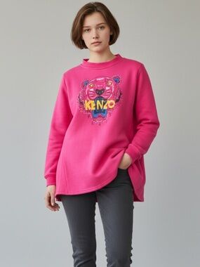Kenzo Paris Tiger Logo Hot Pink Flared Sweater Kenzo Colorful Pullover Sweater